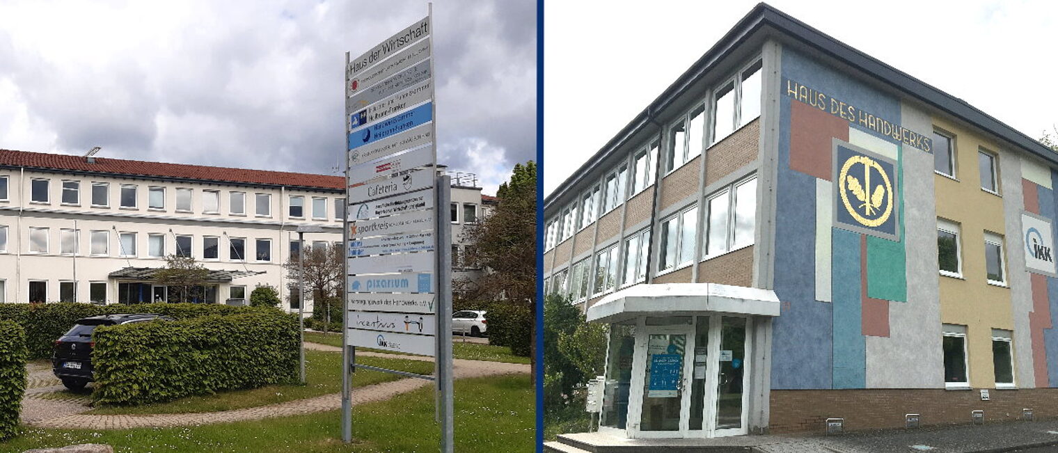 Bilder von zwei Gebäude, getrennt durch einen vertikalen dunkelblauen Strich. Links Schild vor hellem Haus, rechts buntes Haus